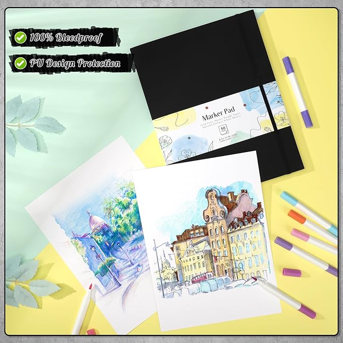 50 Sheets Hardcover Marker Paper Pad, 8.5x11in Alcohol Marker Paper Sketch Pad, 73lb/120gsm Heavyweight Spiral Sketch Book, Painting Coloring Drawing Book for Beginners Artists Ideal Gift