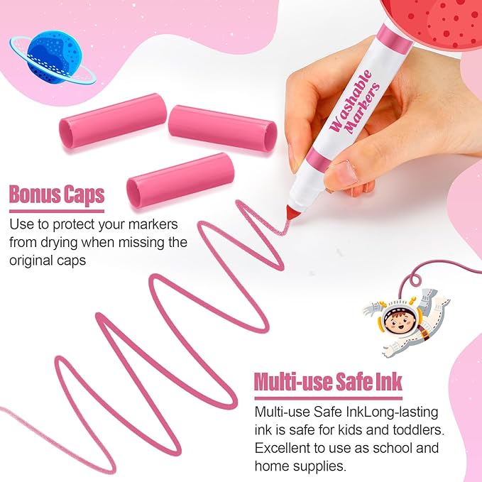 24 Pcs Washable Markers Bulk Broad Line Markers Coloring Conical Tip Large pens for Kids art projects, Teachers, Students, Toddlers, Party Favors, Classrooms, Donations(Light Pink)