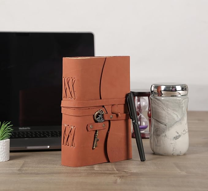 Leather Journal with Deckle Edge Paper 8x6 inch and Vintage Key | Handmade Writing Notebook Diary | Bound Daily Notepad for Men & Women Medium, Sketch/Writing pad for Artists