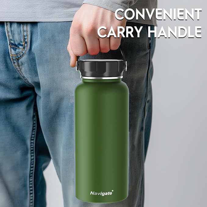 Navigate 32oz Insulated Water Bottle for Sports, Keep Cold 24H | 2-in-1 Spout and Handle Lids, Double Leak-Proof, 18/8 Stainless Steel, BPA-Free, Wide Mouth for Hiking,Dark Green