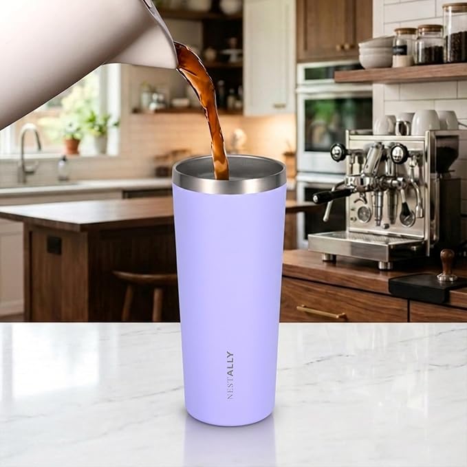 NESTALLY Coast 20oz Stainless Steel Tumbler, Extra Capacity Holds Up to 22oz, Double Wall Vacuum Insulated Travel Coffee Mug with Lid & Metal Straw, Leakproof Reusable Cup for Travel (Lavender)