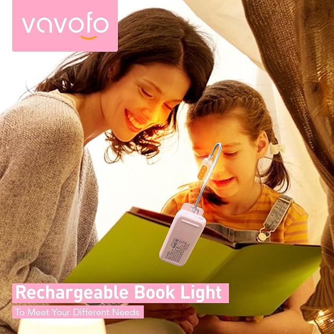 VAVOFO Rechargeable Book Light, Blue Light Blocking, Amber 1600K Clip On Reading Light, Eye Care 7 LEDs Kids Book Light for Reading in Bed with Power Indicator for Bookworms (Pink)