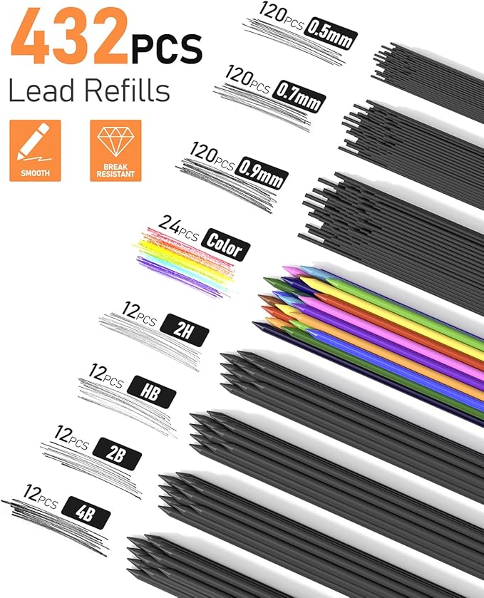 Four Candies 25PCS Mechanical Pencil Set with Case, Art Supplies with Metal Pencil 0.5, 0.7, 0.9 mm & 3PCS 2mm (HB 2H 2B 4B Color) & 432 Graphite Lead Refills, Technical Drawing Kit for Teen & Adults