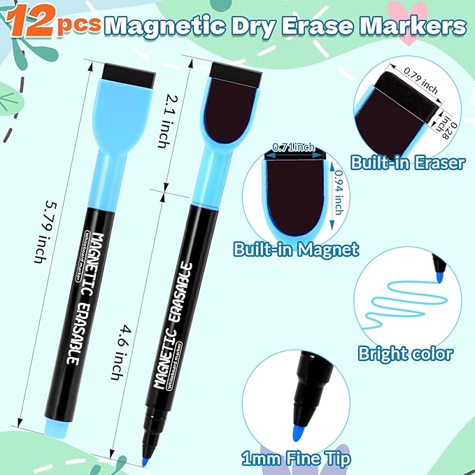 12 Pcs Magnetic Dry Erase Markers, Colorful Fine Tip Whiteboard Markers with Erasers, Thin Low Odor Dry Erase Marker Set for White Board Fridge Calendar Office Home