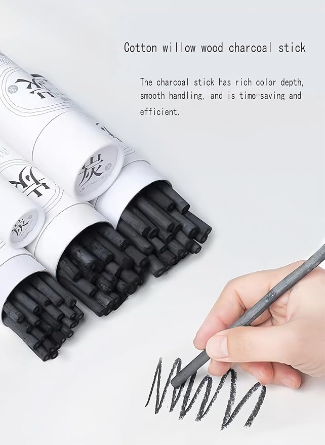 Professional Willow Charcoal Drawing Set, 25-Piece Artist Sketching Sticks, Black, 2-9mm Multiple Sizes (Willow Charcoal 2-4mm)