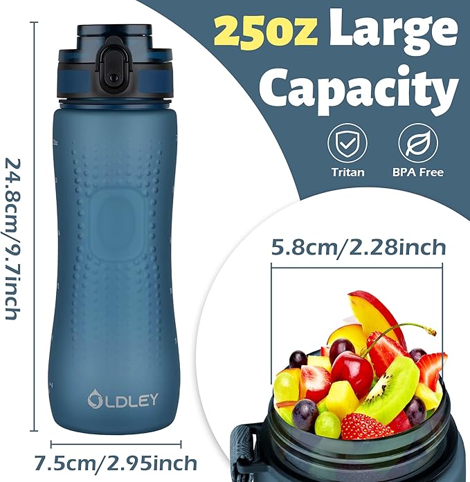 OLDLEY 25 oz Water Bottle, Motivational Water Bottle with Time Marker, Sports Water Bottle With Strap, Leakproof & BPA Free Large Water Bottles for School, Gym, Travel, Outdoor,Navy Blue