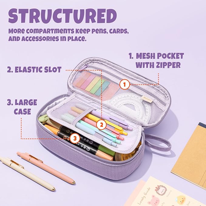 SUNEE Cute Pencil Case, Large Capacity Pencil Pouch, Soft Corduroy Pencil Bag, Big Storage Pen Organizer for Stationery, Aesthetic Zipper Pencil Box, Back to School Supplies for Teen Girls Boy, Purple