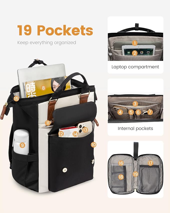 LOVEVOOK Laptop Backpack for Women with Large Capacity, Teacher Bag Work Backpack Purse Laptop Computer Back Pack, Business Travel Backpack, Nursing College Bookbag, 15.6 Inch, Black-Beige-Brown