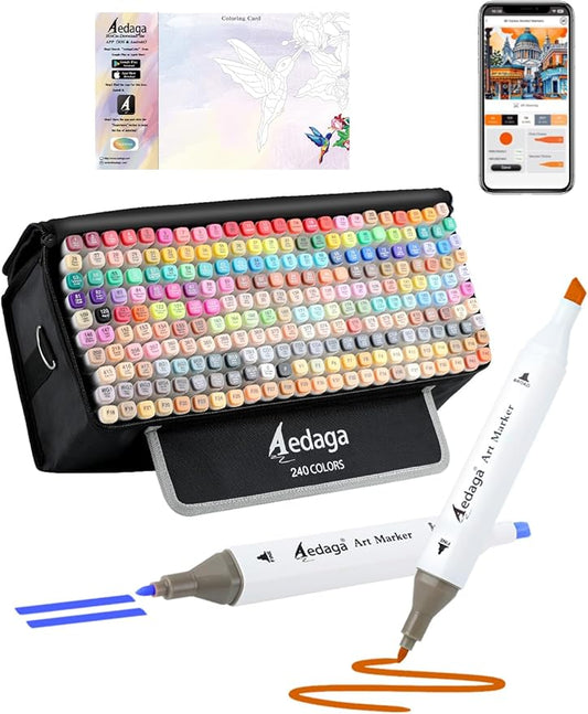 YHC 240 Colors Alcohol Markers with Free APP, Alcohol-Based Dual Chisel and Fine Tips Markers with Kickstand Case for Adult Coloring, Drawing, Painting and Sketching, Great Gift Idea for Artists