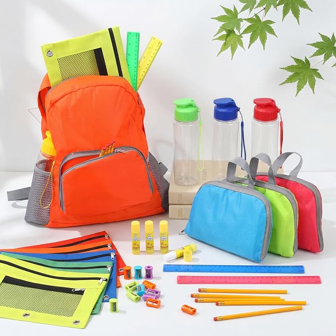 168 Pcs/24 Sets School Supplies Kit Bulk Back to School Essentials Schools Backpack Donation Water Bottle Pencil Pouch HB Pencil Plastic Ruler Sharpener Glue Stick Christmas Donation Set