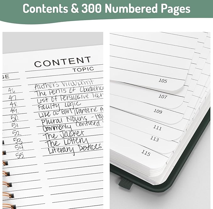 Forvencer Lined Spiral Journal Notebook with 300 Numbered Pages, A5 Thick Journals for Writing with 100GSM Paper, Hardcover Notebooks with Contents for Work, School, Women, Men, Dark Green