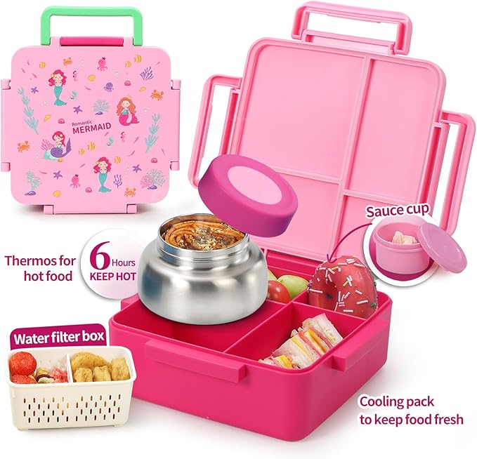 Bento Box for Kids with Thermos, [Large Capacity] Insulated Kids Lunch Box with 4 Compartment for Ages 3+, Drop-Proof & Dishwasher Safe Lunchbox Container Pink