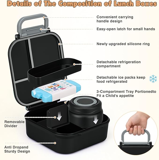Bento Lunch Box for Kids with 7oz Soup Thermo,Insulated Stainless Steel Kids Water Bottle with Straw and Insulated Lunch Bag,Leak-Proof Lunch Food Container with Ice Pack for School (Black)