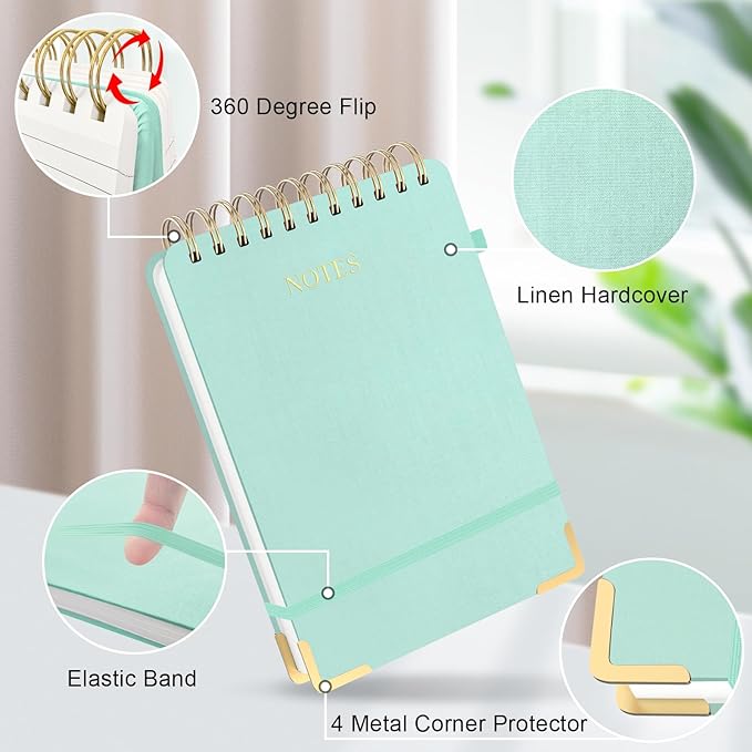 Aesthetic Top Spiral Notebook, A5 Linen Hardcover Top Bound Steno Pads, 240 Pages 100gsm Thick Lined Paper Left Handed Notebook Journal for Work, School, Church Writing - Green, 5.9" x 8.5"