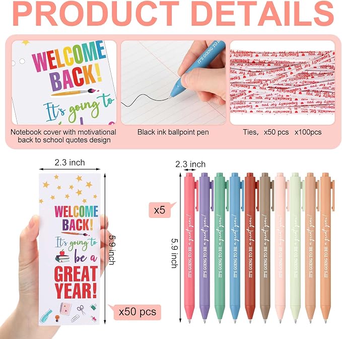 MotiMind 50 Set Welcome Back To School Supplies Gift Bulk Include Greeting Card with Tie and Inspirational Ballpoint Pen First Day of School Gift for Student Classmate Teacher Classroom (Cute Color)