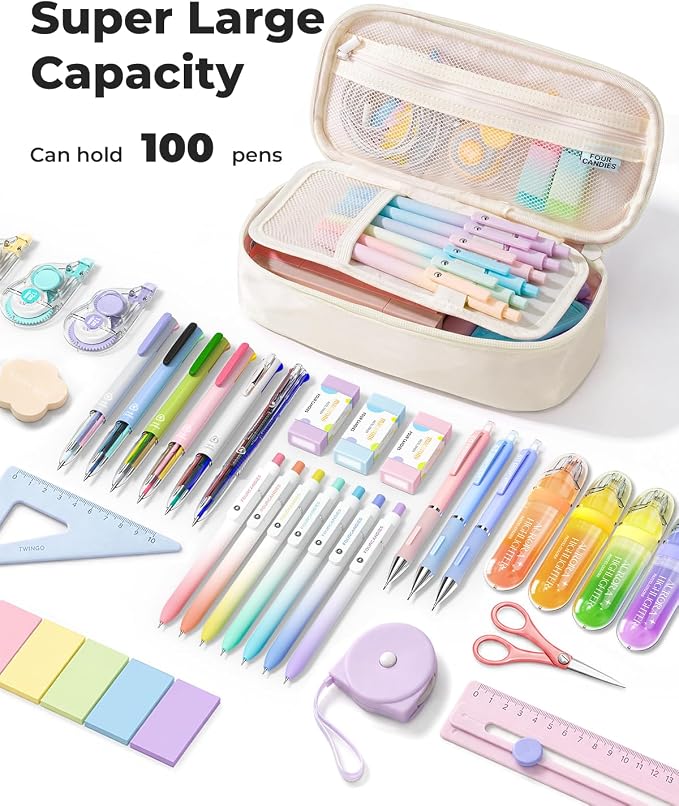 Four Candies Large Pencil Case, 5 Compartments Canvas Pen Organize | Big Capacity Pencil Pouch Bag for School Supplies, Portable Stationery Holder for Teen Girls Boy Men Women