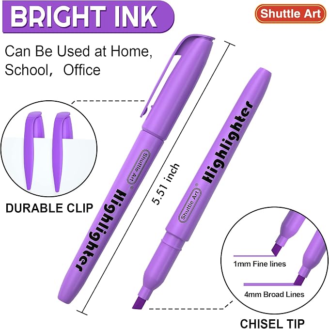 Shuttle Art Highlighters, 30 Pack Purple Highlighter Pen Bright Colors, Chisel Tip Dry-Quickly Non-Toxic Highlighter Markers for Adults Teachers Students Highlighting in Home School Office