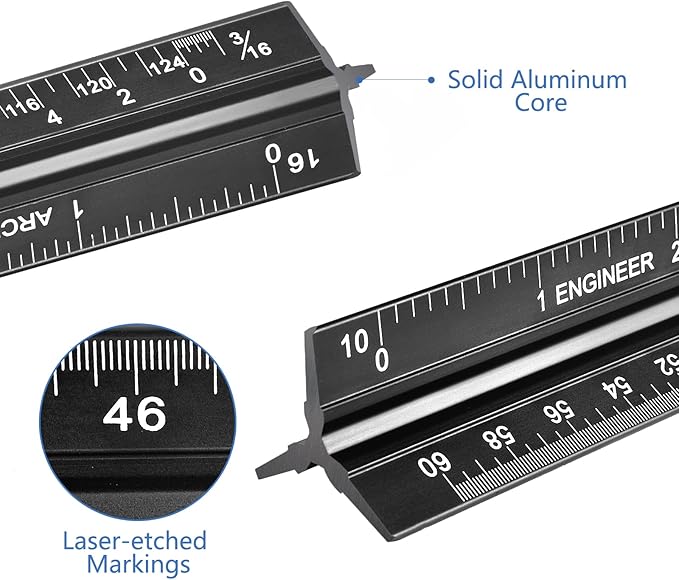 Architectural and Engineering Scale Ruler Set, Imperial Measurements 12'', Black Laser-Etched Aluminum Architect Triangular Ruler for Architects, Students, Draftsman, and Engineers