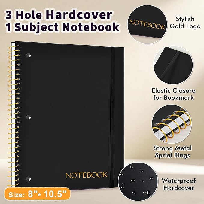 MUAHLIUB Spiral Notebook College Ruled Paper 8" x 10-1/2", 1 Subject Spiral Notebook, 3-Hole Punched Perforated Pages Ideal for School, Office, Writing, 95 Sheets Lined Journaling Notebook, Black
