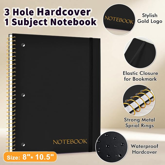 Spiral Notebook Graph Ruled Paper 8" x 10 1/2", 1 Subject Spiral Grid Notebook 3-Hole Punched Perforated Page Ideal for School, Office, Writing, 95 Sheets Lined Journaling Graphing Notebook, Black