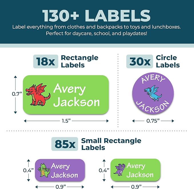 Bunny Badges Personalized Daycare Name Labels for Kids (130 Labels) - Custom Waterproof Name Stickers for Clothing Tags, Water Bottles, Lunch Boxes and School Supplies (Dragons)