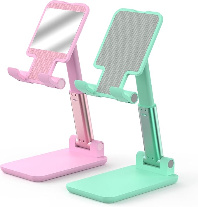 Cell Phone Stand, Adjustable Angle and Height Cell Phone Holder for Desk, Foldable and Portable, Anti-Slip Silicone Pad, Compatible with All Mobile Phones and 4-8 Inch Devices (Pink&Green)