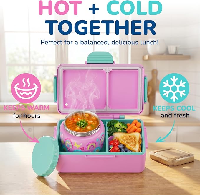Bento Lunch Box for Kids–3 Compartment Leak Proof Insulated Lunch Container | Unicorn Design Lunch Box-With 12oz Stainless Steel Food Soup Jar & Built-in Ice Pack Bento Box for Boys Girls School Travel