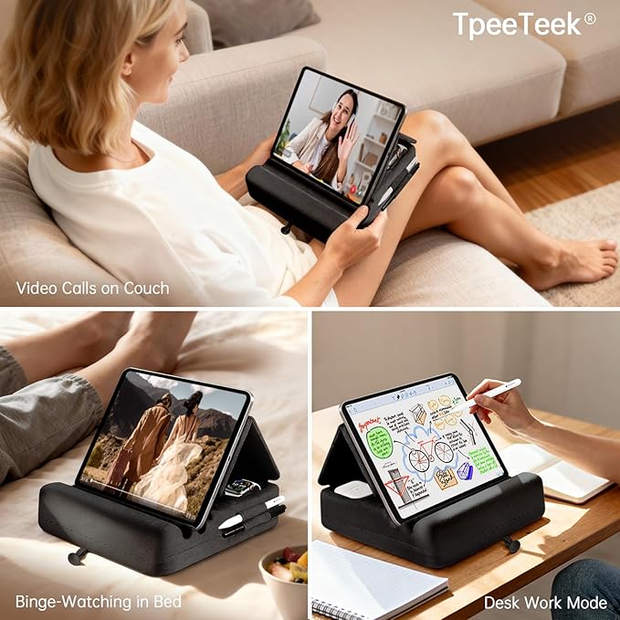 Tablet Pillow Stand with Storage, Foldable iPad Holder for Lep, Bed, Sofa, and Desk - Soft Pad Dock with Pocket and Stylus Mount Compatible with 4-13" iPad Pro/Air/Mini, Galaxy Tab, Kindle