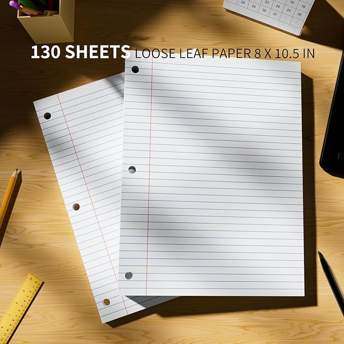 650 Sheets Loose Leaf Paper 8" x 10.5" Filler Paper College Ruled 3-Hole Punched Lined Paper Notebook Paper for 3-Ring Binders Notepad Writing Note Pads Ideal for Home, School, Office