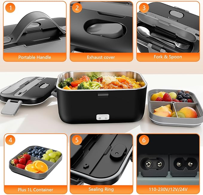 Electric Lunch Box for Adults, 2.8L Double Layer 100W Fast Heated Lunch Box, Heating Food Heater Warmer for Home Office Car Truck Use, Extra Large Lonchera Electrica Portátil 12/24V/110-230V, Black