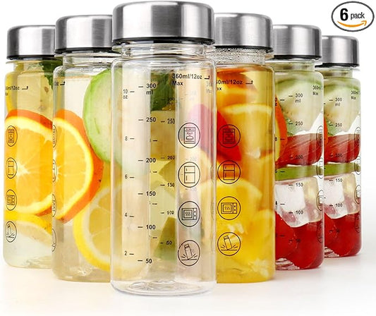 6 Pack Plastic Juice Bottles with Caps - Wide Mouth Resuable Clear Plastic Water Bottles for Juicing,Smoothie,Protein, Beverage,Storage Containers,BPA Free,Leakproof Stainless Steel Lid(12 Ounces)