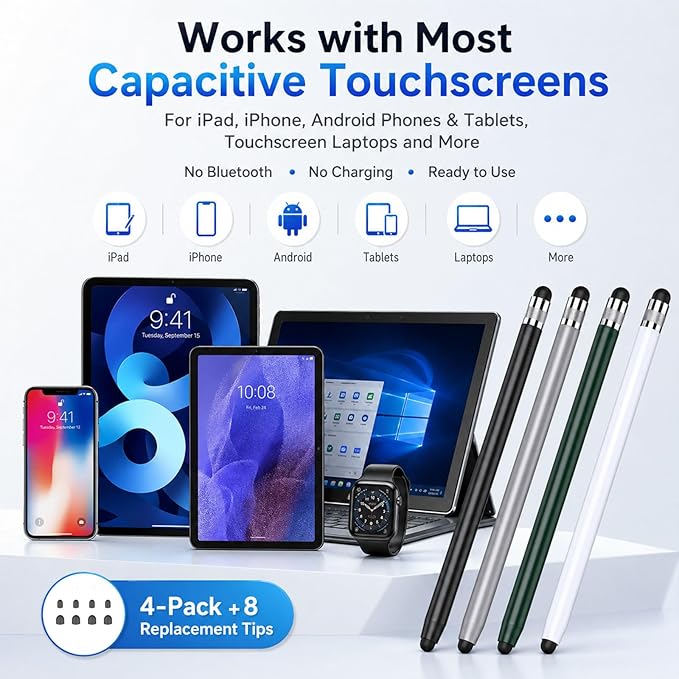 HATOKU 4 Packs Stylus Pen for Apple iPad & Touchscreen Devices (Black & White), Dual Tip Rubber, No Bluetooth/No Charging, High Sensitivity Capacitive Magnetic Pencil for iPad iPhone Android Tablets