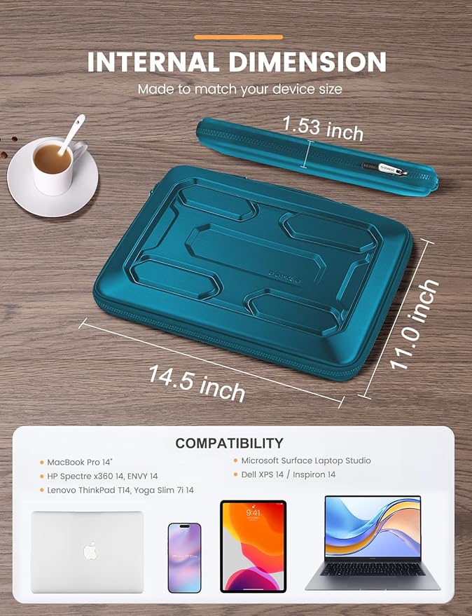 DOMISO 14 inch Laptop Sleeve with Handle Shockproof Computer Bag Waterproof EVA Protective Carrying Case for 14" ThinkPad E480/Yoga 920/13.5" Microsoft Surface Book/HP Pavilion 14 Stream 14, Teal