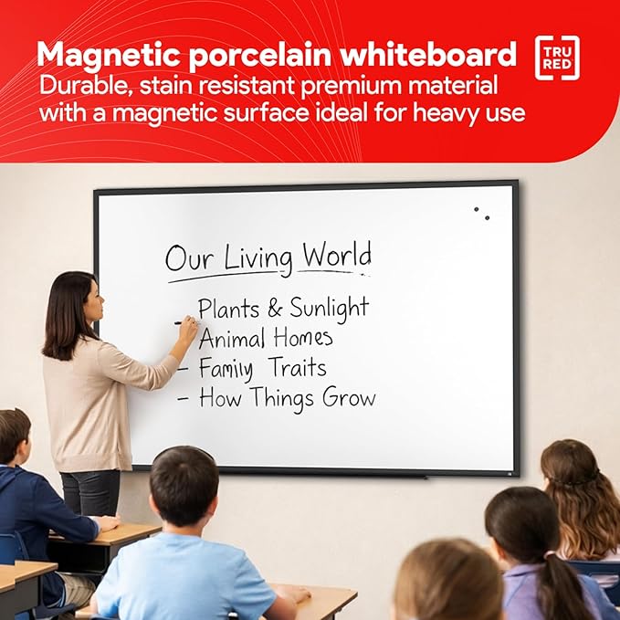TRU RED Magnetic Porcelain Whiteboard | Dry Erase Board for Wall, White Board with Black Frame, 6 ft x 4 ft, 4 Chisel Tip Markers Included