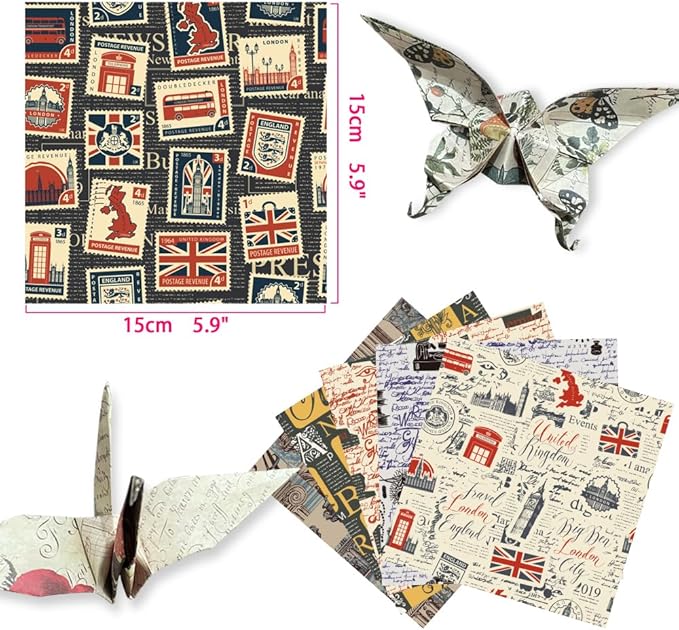 Square Origami Paper 6x6 Double Sided 50 Sheets 50 Colors 70GSM Origami Kit Japanese Chiyo Easy Fold Arts Crafts DIY Handwork Retro Newspapers