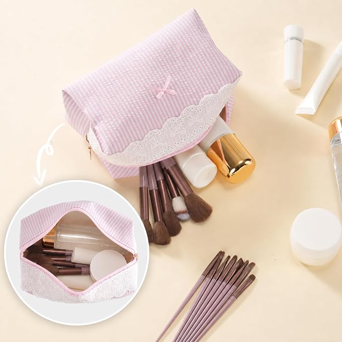 Makeup Bag Travel Toiletry Bag for Women, Small Cosmetic Bags with Lace Trim Cute Pink Stripe Aesthetic Organizer Makeup Pouch for Purse Emergency Bag Pencil Case Accessory Bag