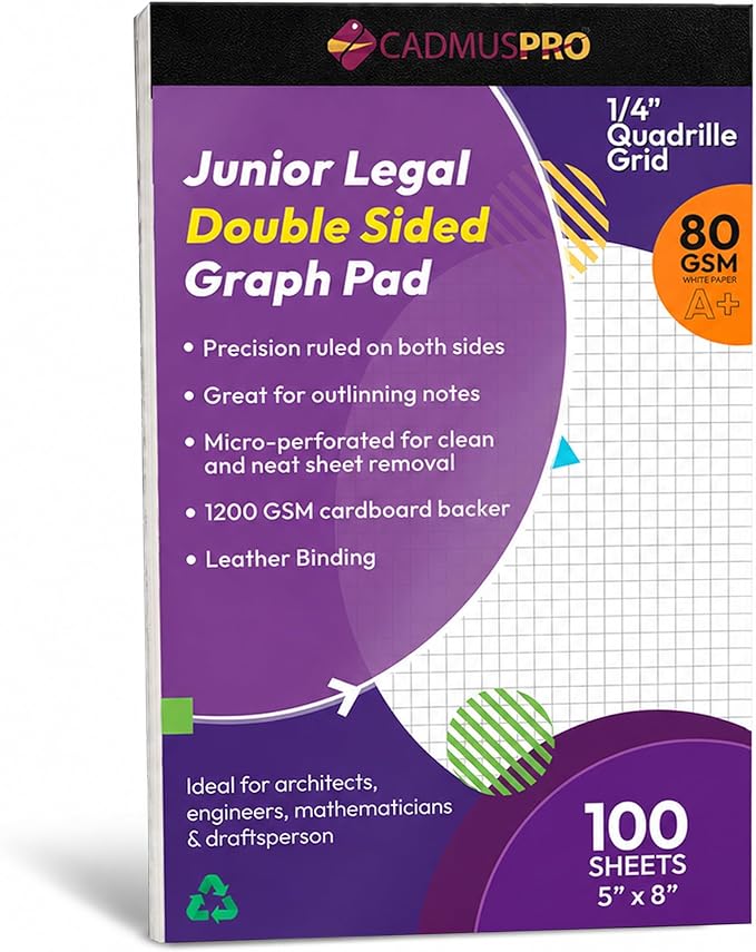 Graph Paper Pad 5x8 Inches, 50 Sheets, 1/4 Inch Quad Ruled 4x4 Grid 80 GSM Writing Pad for Math, Engineering, Drafting, Architecture, Sketching, School and Office