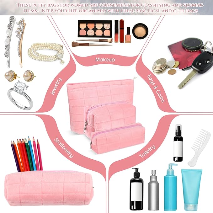 Huhumy 3 Pcs Puffy Makeup Bag Set Quilted Plush Emergency Pouch for Women Cute Checkered Travel Toiletry Bag Puffer Aesthetic Makeup Organizer Cosmetic Purse Pouch Preppy Pencil Case(Pink)