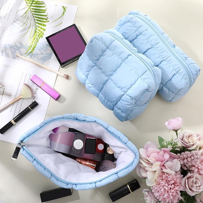 Huhumy 3 Pcs Puffy Makeup Bag Quilted Cosmetic Pouch for Women Cute Checkered Travel Toiletry Bag Puffer Makeup Organizer Purse Pouch Preppy Pencil Case with Zipper