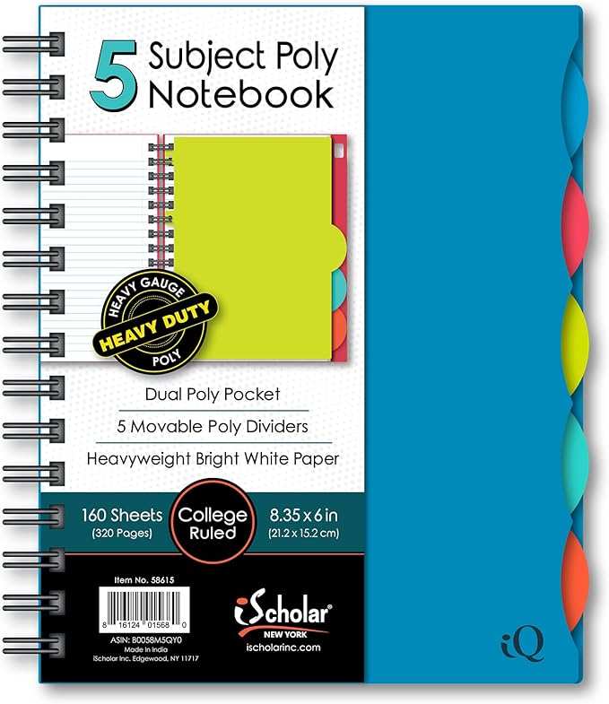 iScholar 5 Subject Poly Cover Double Wire Notebook, 8.35 x 6 Inches, Cover Color May Vary (58615)160 Sheets , Assorted