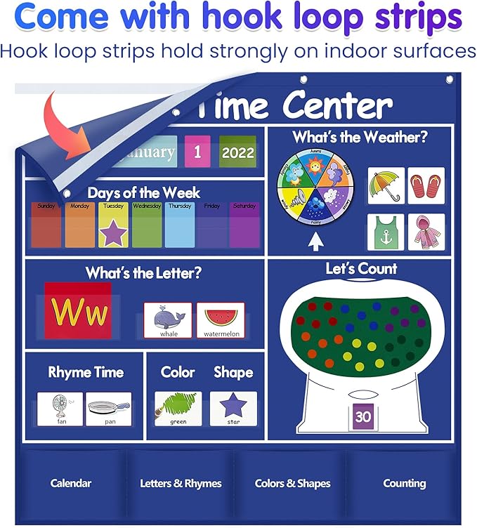 Auchq Circle Time Learning Center Pocket Chart, Heavy-Duty Kids Calendar for Classroom, Educational Pocket Chart Learning Calendar Weather Letter Counting Rhyme Color Shape (Blue)