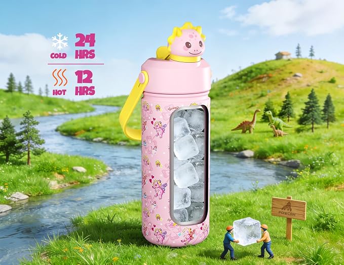 POWCAN 18 oz Kids Water Bottle: 2-in-1 Straw Spout Lid with Soft Animal Head, Leakproof, Backpack Friendly, Keep Cold 24H, Cute Patterns, Insulated Cup for School, Playtime, Trip, Gift (Lovely Trike)