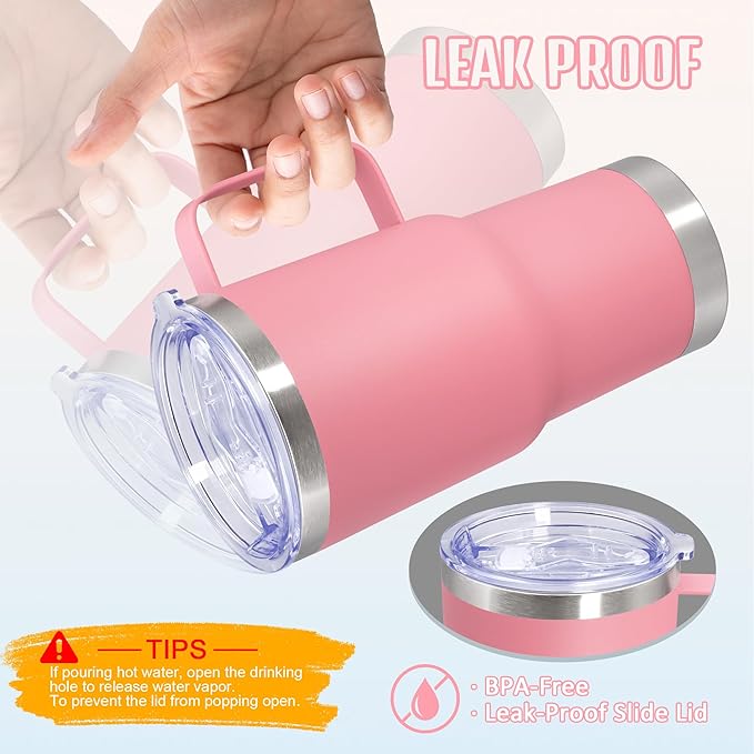 20 oz Tumbler with Handle and Lid, Stainless Steel Tumbler Insulated Travel Coffee Mug, Spill Proof Double Wall Vacuum Tumbler Cup Keep Drink Hot & Cold, Pink, 1 Pack