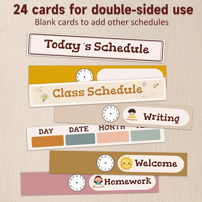 15+1 Pockets Daily Schedule Pocket Chart with 24 Double Sided Cards, Visual Classroom Schedule Pocket Chart, School Teachers Supplies for Classroom, Boho White