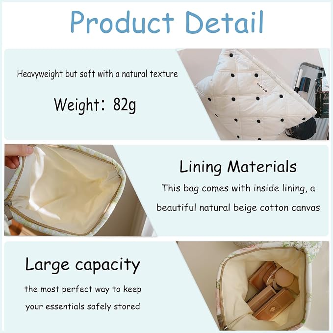 uekeboag 2Pcs White Shells Quilted Cotton Makeup Pouch Set(2Pcs) | Coquette Quilted Toiletry Bag for Women and Girls, Floral Coquette Organizer Bag, Aesthetic Travel Cosmetic Bags