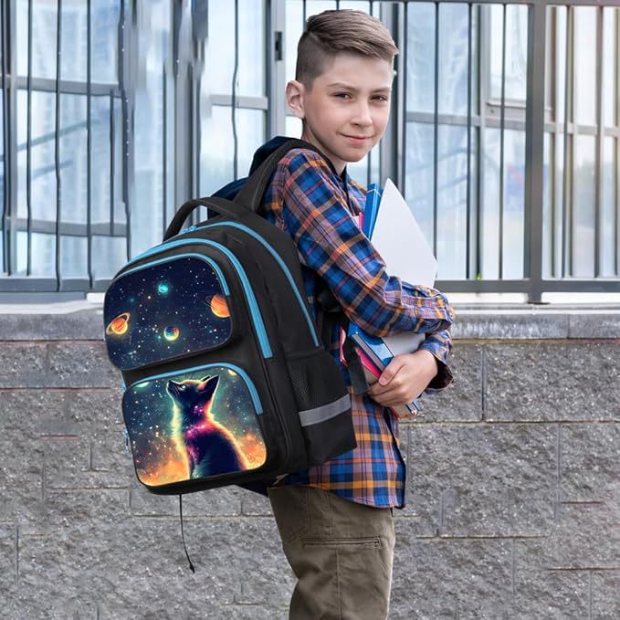 HiMagics Kids Backpack for Boys Girls Preschool Kindergarten Backpacks Lightweight Elementary Middle School Bookbag with Lunch Box Set and Chest Strap (StarCat)