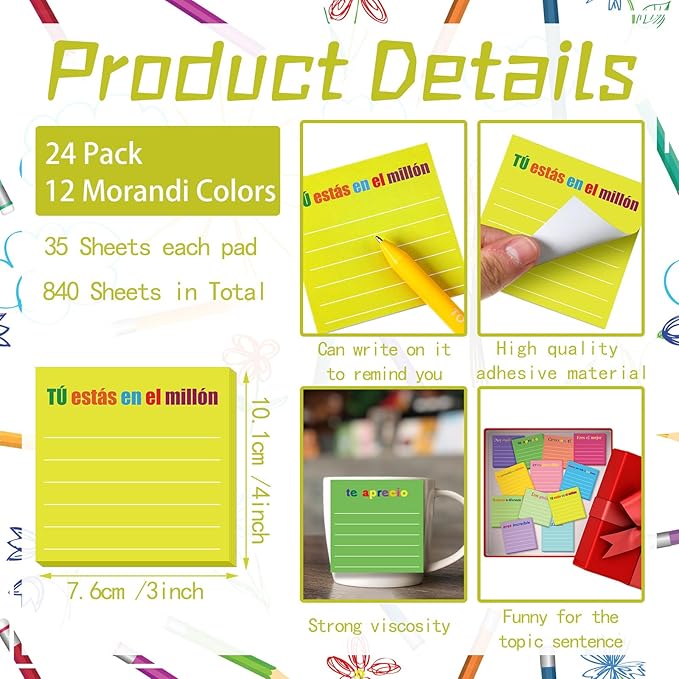 Yinder 24 Pcs Inspirational Sticky Notes Cute Motivational Sticky Notes Pad End of Year Employee Appreciation Gifts Bulk for Teacher Nurse Coworkers Office Supplies 3 x 3'' (Appreciation,Spanish)
