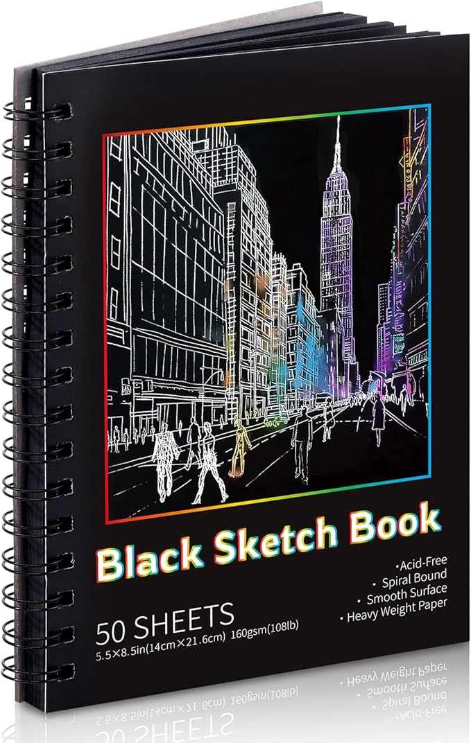 50 Sheets Black Paper Sketchbook, 108 lb/160gsm Heavyweight Black Sketch Pad 5.5×8.5in, Acid-Free Drawing Paper, Spiral Bound Sketch Book for Kids, Teens, Artist