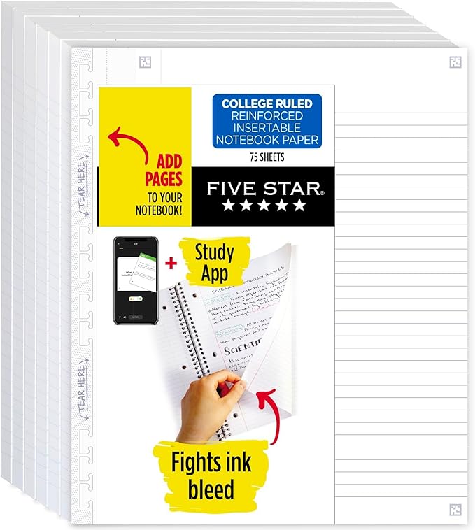Five Star Insertable Loose Leaf Paper + Study App, 6 Pack, Notebook Paper, College Ruled to Add Pages, Reinforced, 8.5 x 11, 75 Sheets per Pack (170015)
