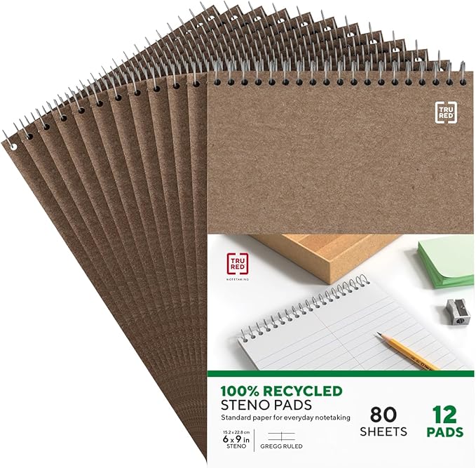 Staples TRU RED Steno Notepads, 6" x 9", Gregg Ruled, 80 Sheets, Top Wirebound, 12-Pack